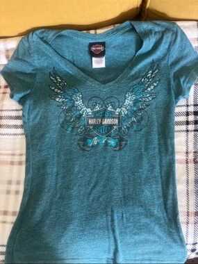 Harley-Davidson Teal Women's V-Neck Wing Graphic Tee